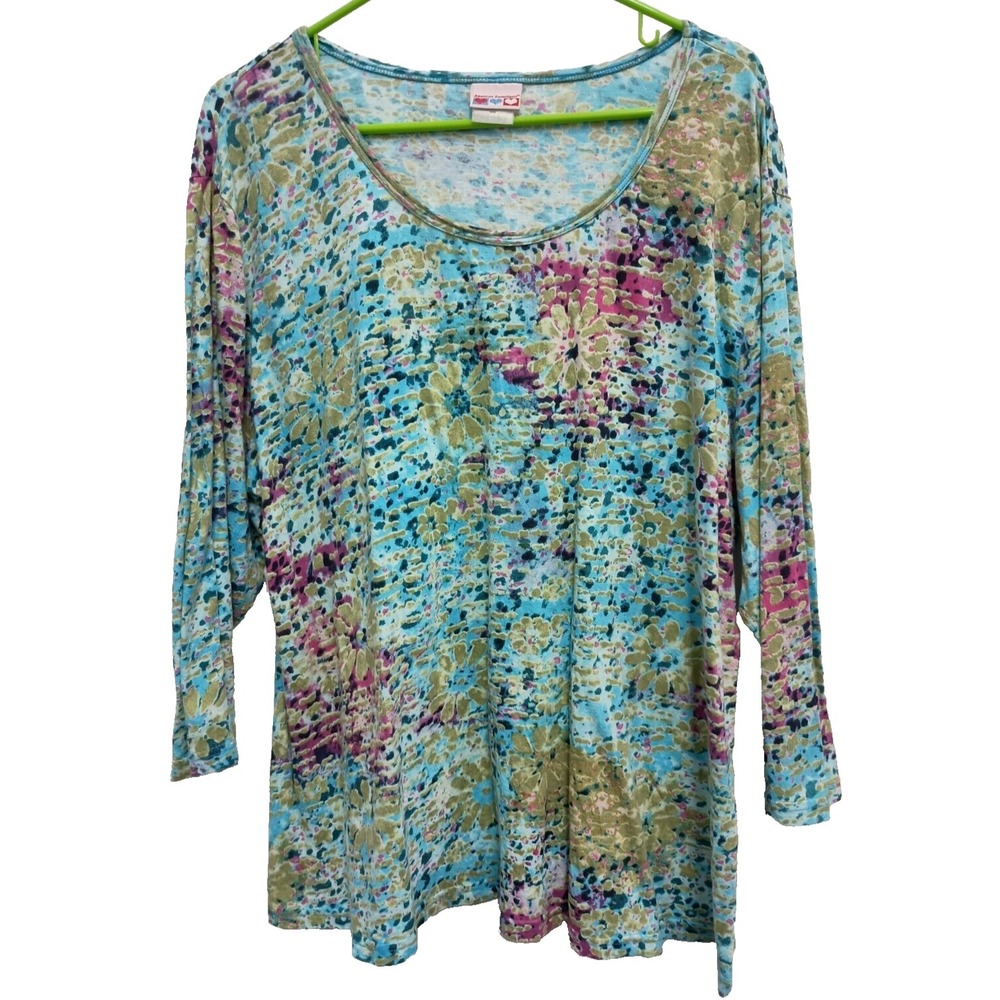 American Sweetheart Top Womens Size 2X Floral Tie Dye Wearable Art Cottagecore